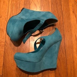 Delicious Teal Mary Jane Wedge Platforms